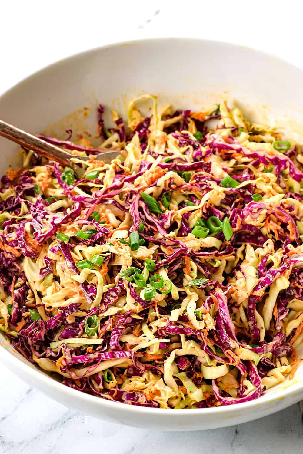 traditional coleslaw recipe with cabbage, carrots, green onions and coleslaw dressing