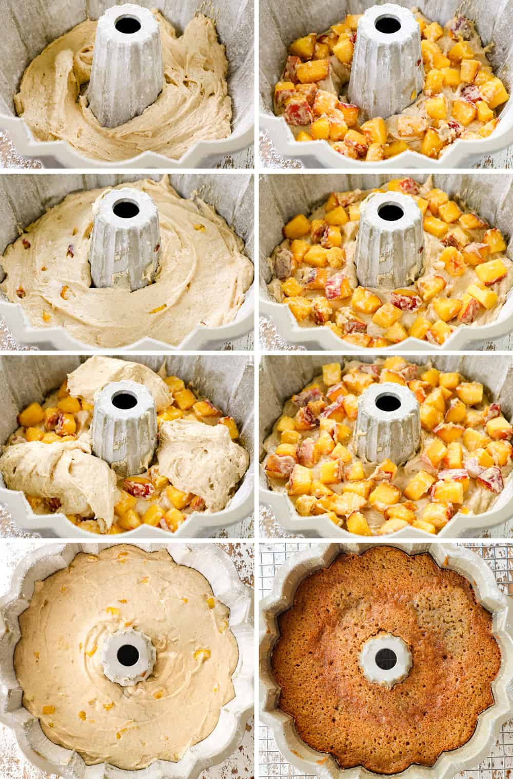 an 8 photo collage showing how to layer peaches and batter in bundt cake pan then baking until golden
