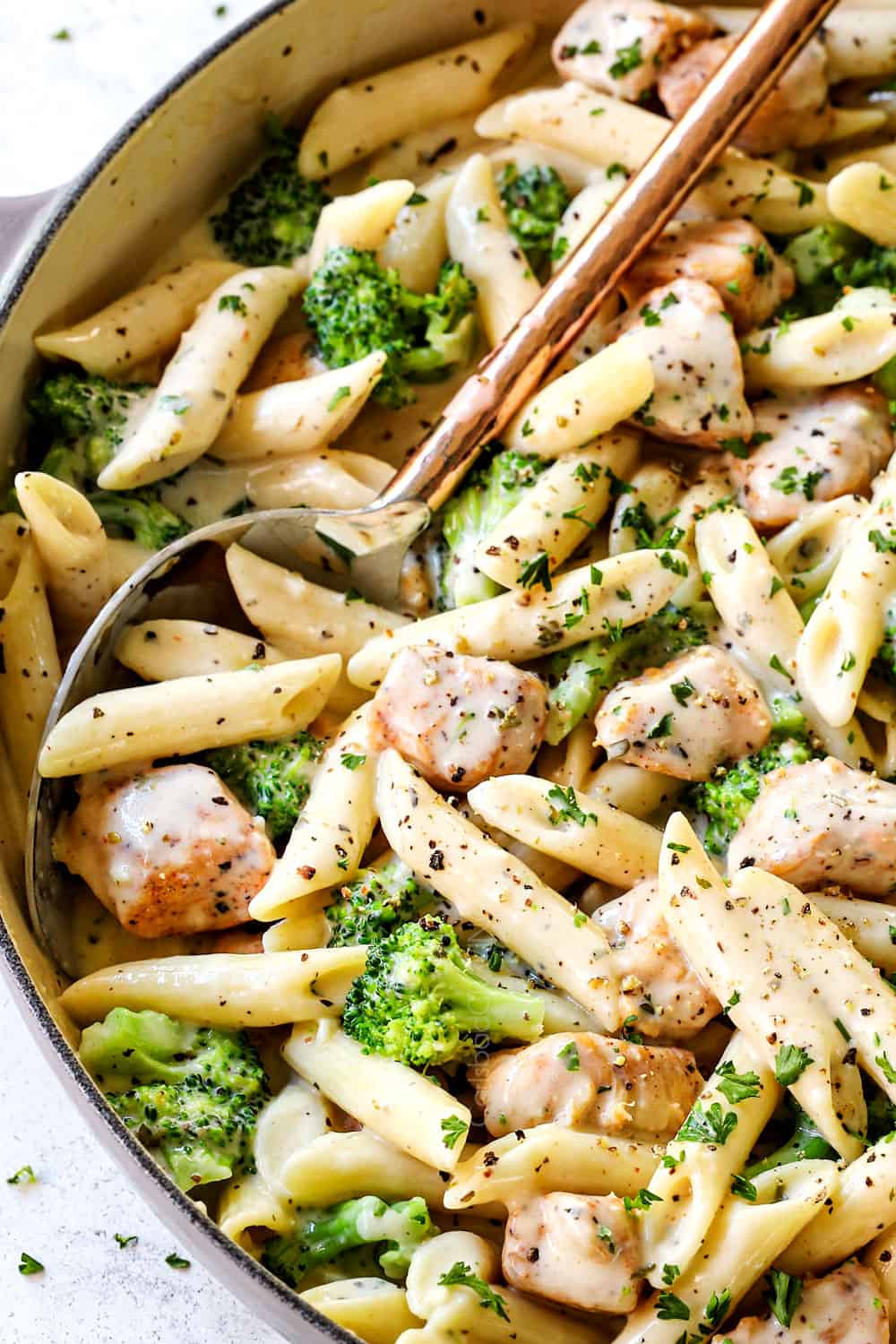 serving Chicken Broccoli Pasta with Alfredo Sauce with penne and chicken