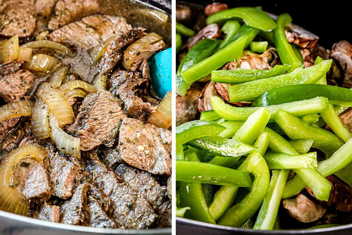 a collage showing how to make Crockpot Philly Cheesesteak by adding sliced steak back to the crockpot followed by the mushrooms and bell peppers