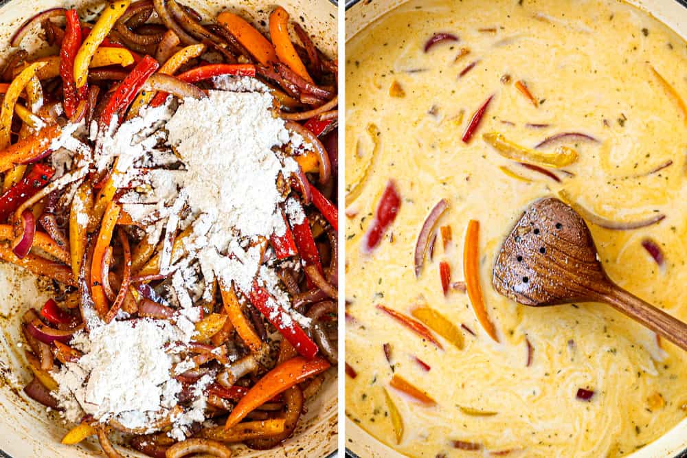 a collage showing how to make Jerk Chicken Pasta (Rasta Pasta) by adding flour to bell peppers, then stirring in chicken broth and half and half