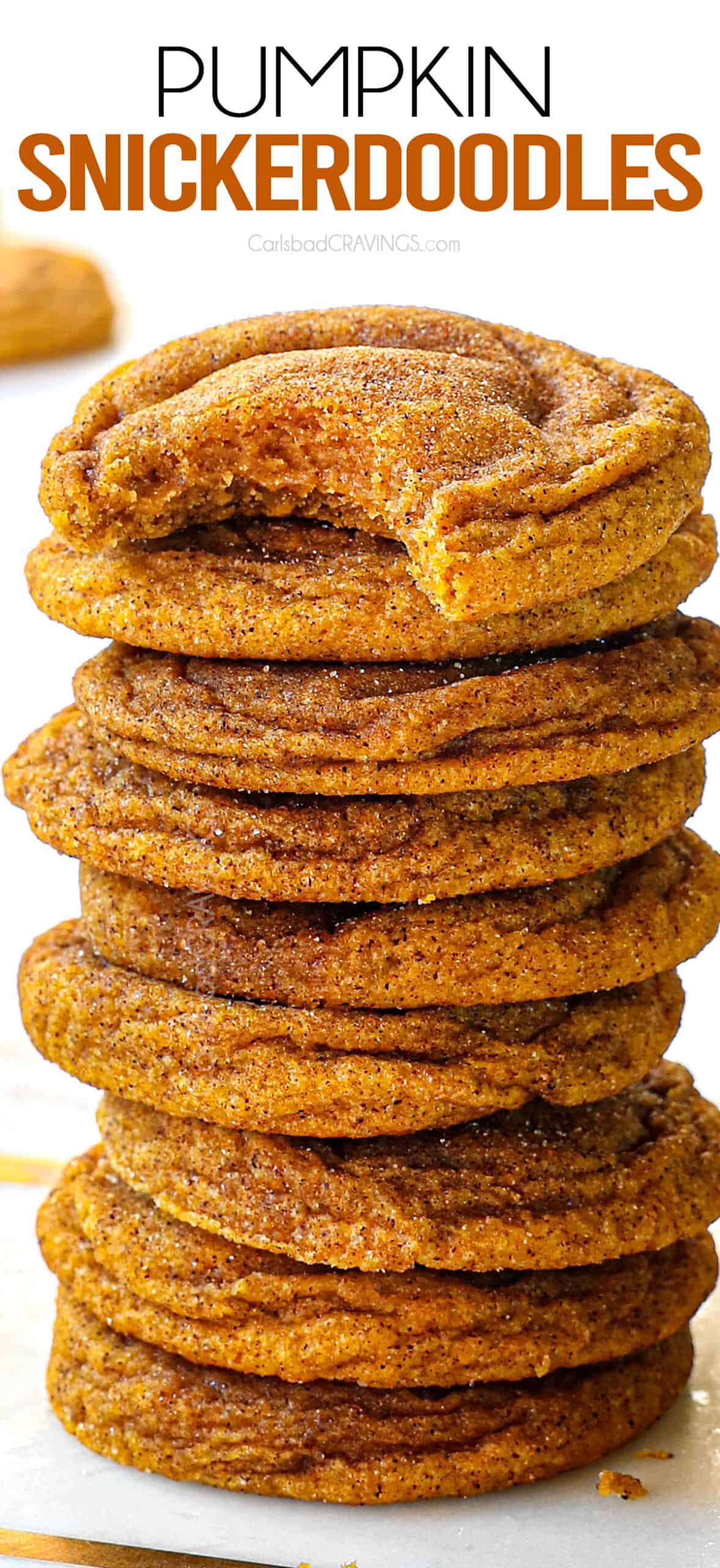 pumpkin snickerdoodles stacked showing how thick and chewy they are