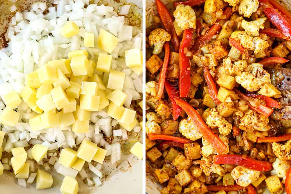 a collage showing how to make coconut shrimp curry recipe by sautéing onions and potatoes, then adding Indian spices, cauliflower and bell peppers