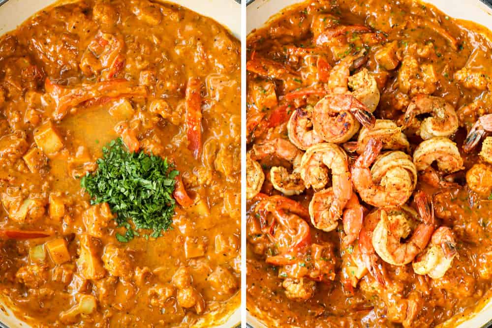 a collage showing how to make shrimp curry recipe by adding cilantro, lime juice and shrimp