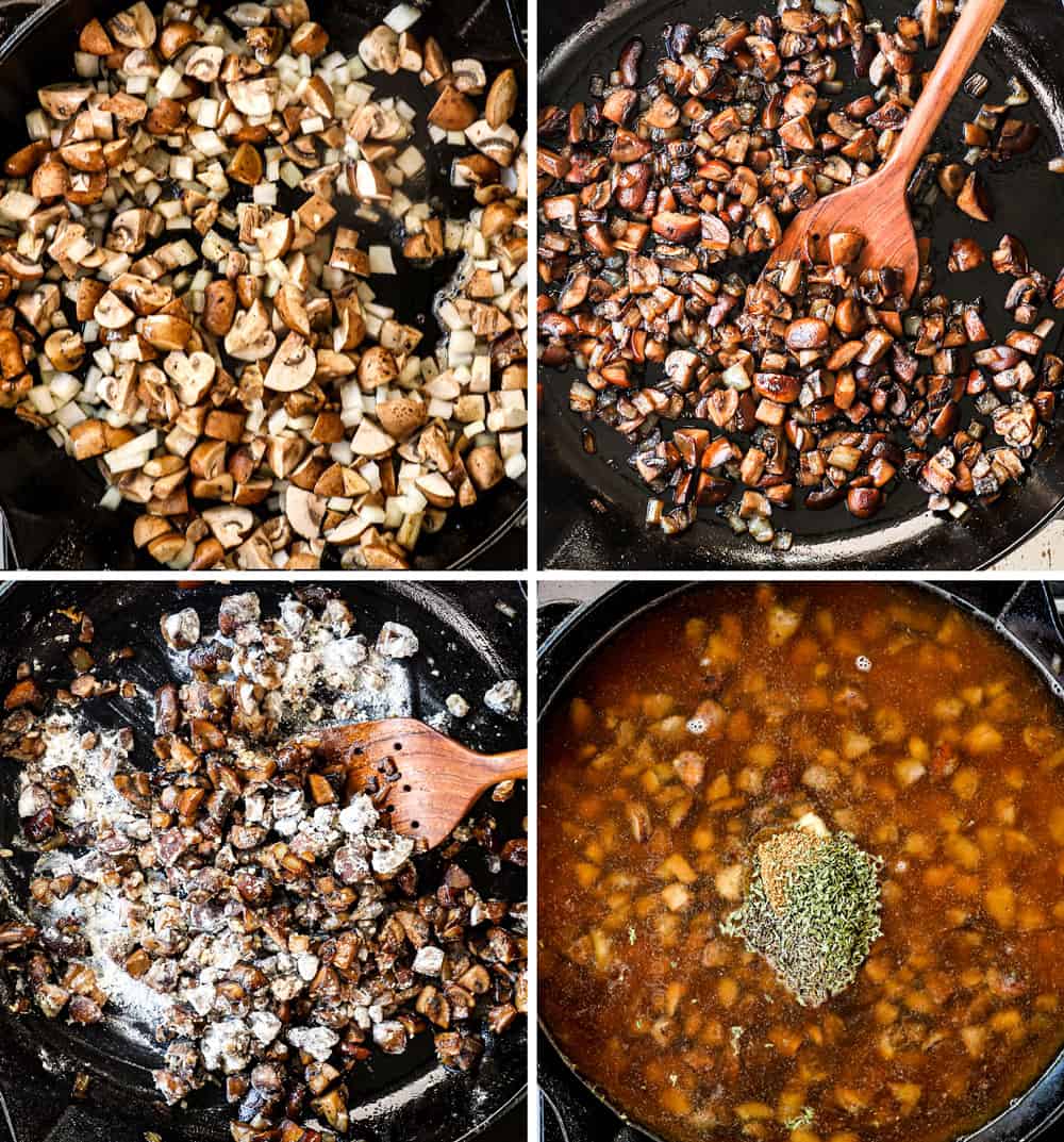 a collage showing how to make loco moco recipe by 1) sautéing mushrooms, 2) showing the caramelized mushrooms 3) cooking with flour, 4) adding beef broth and seasonings