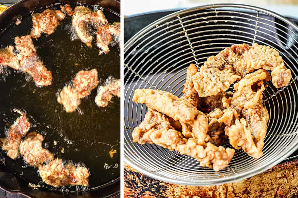 a collage showing how to make orange beef by deep frying until crispy then removing with a strainer