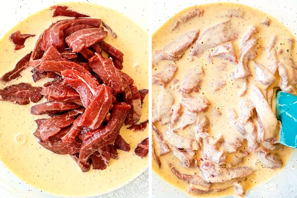 a collage showing how to make crispy orange beef recipe by adding the strips of flank steak to batter before frying