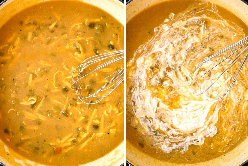 a collage showing how to make smothered chicken recipe by stirring in cheese followed by sour cream