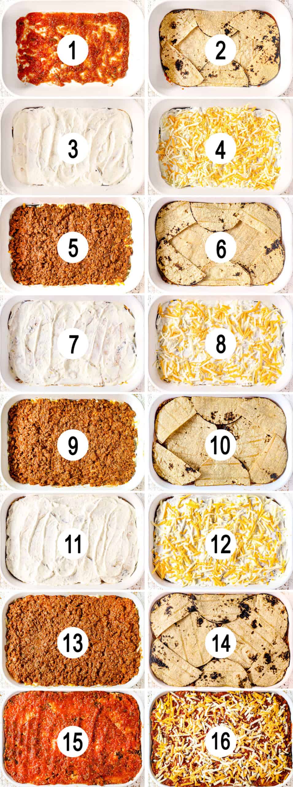 a collage showing how to make taco lasagna by showing how to layer each layer of salsa, tortillas, sour cream, cheese and ground beef