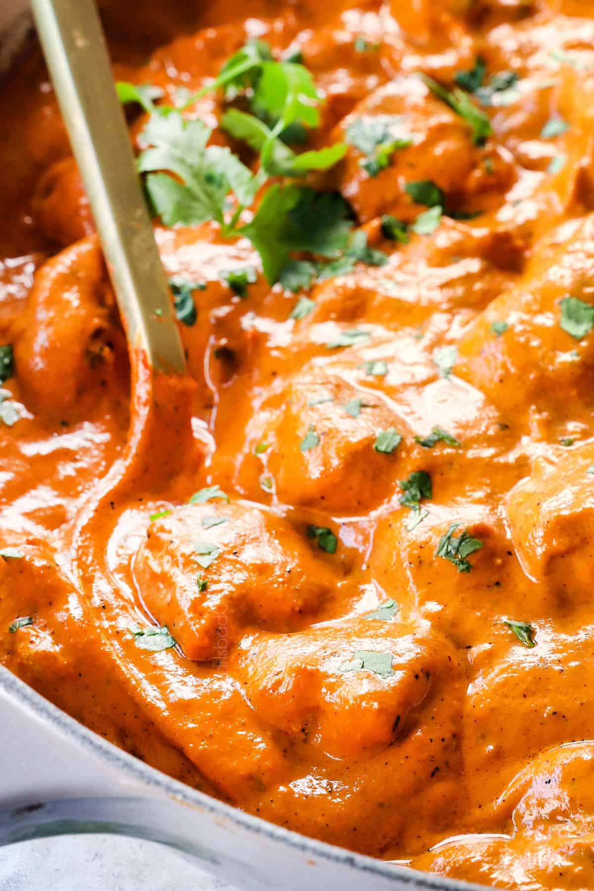 up close of chicken tikka masala showing how juicy the chicken is