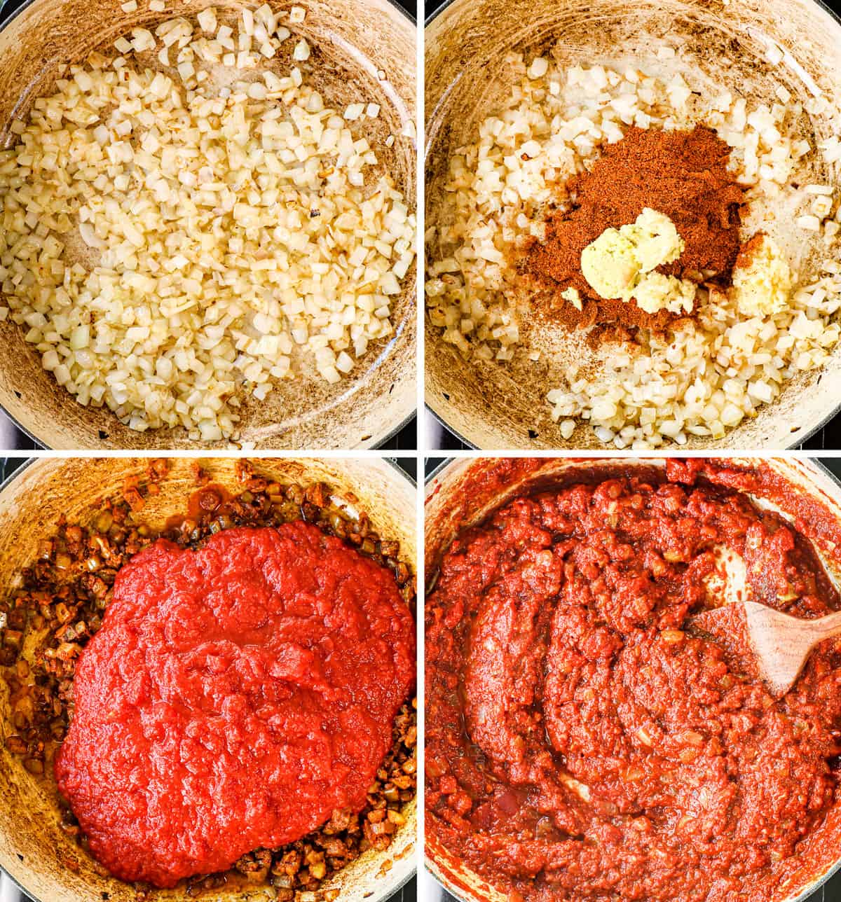 a collage showing how to make Chicken Tikka Masala recipe by 1) sautéing onions, sautéing spices, garlic and ginger, 3) adding crushed tomatoes, 3) simmering until reduced