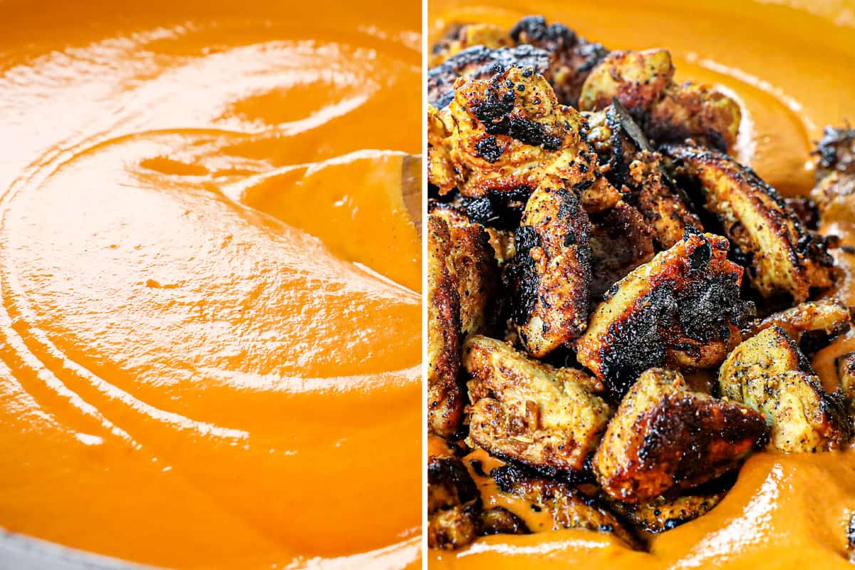 a collage showing how to make Chicken Tikka Masala recipe by adding heavy cream to the masala sauce followed by the charred chicken thighs