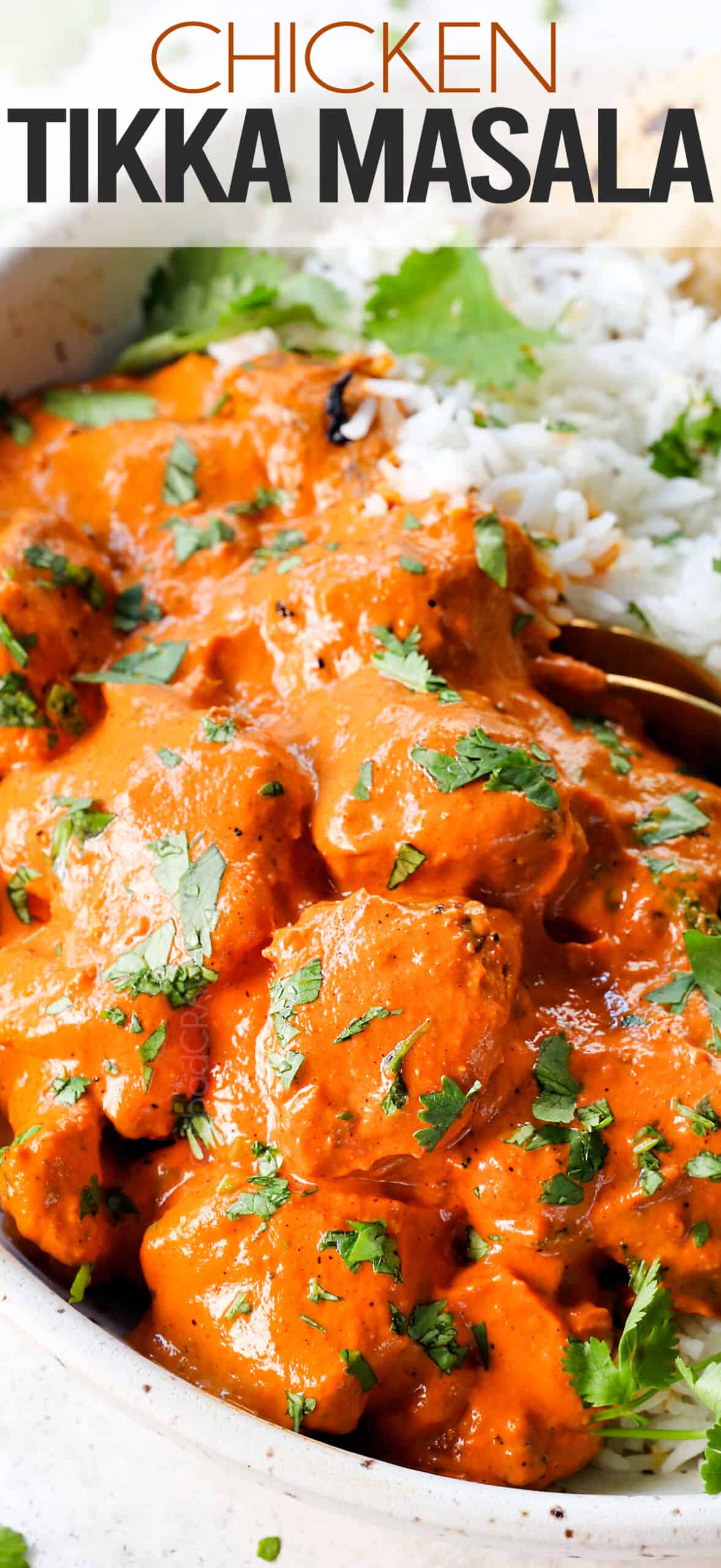 up close of chicken tikka masala showing how juicy the chicken is