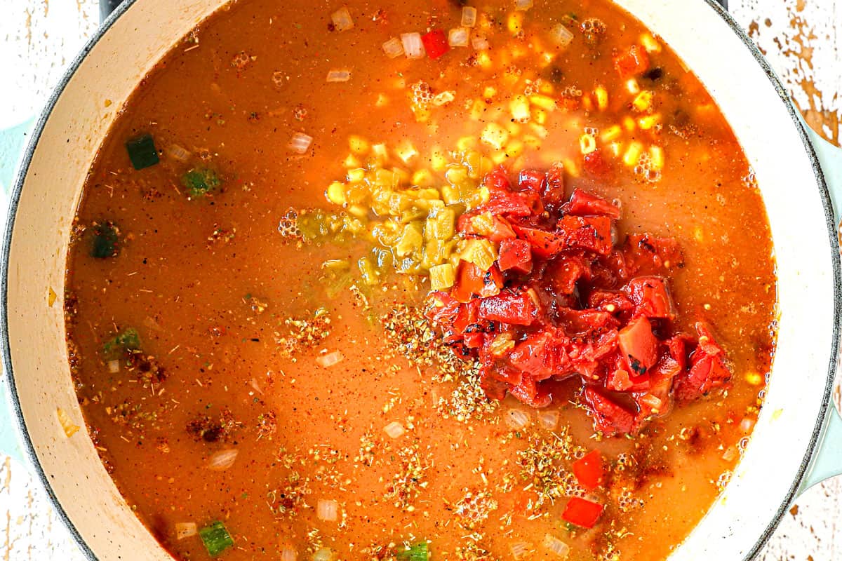 showing how to make creamy chicken tortilla soup recipe by adding tomatoes, corn, black beans, chicken broth and spices to the chicken, onions and bell pepper and bringing to a simmer