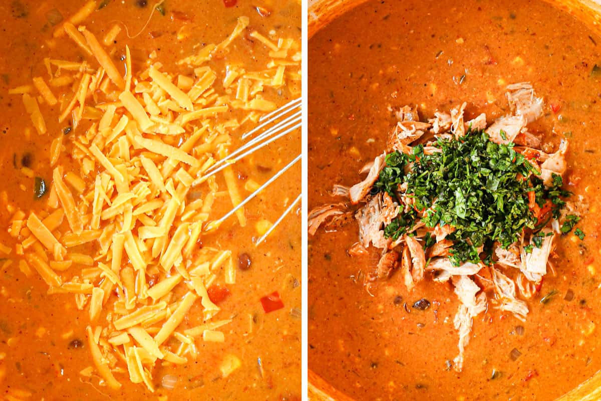 a collage showing how to make creamy chicken tortilla soup by stirring in cheese until melted followed by shredded chicken, cilantro and lime juice