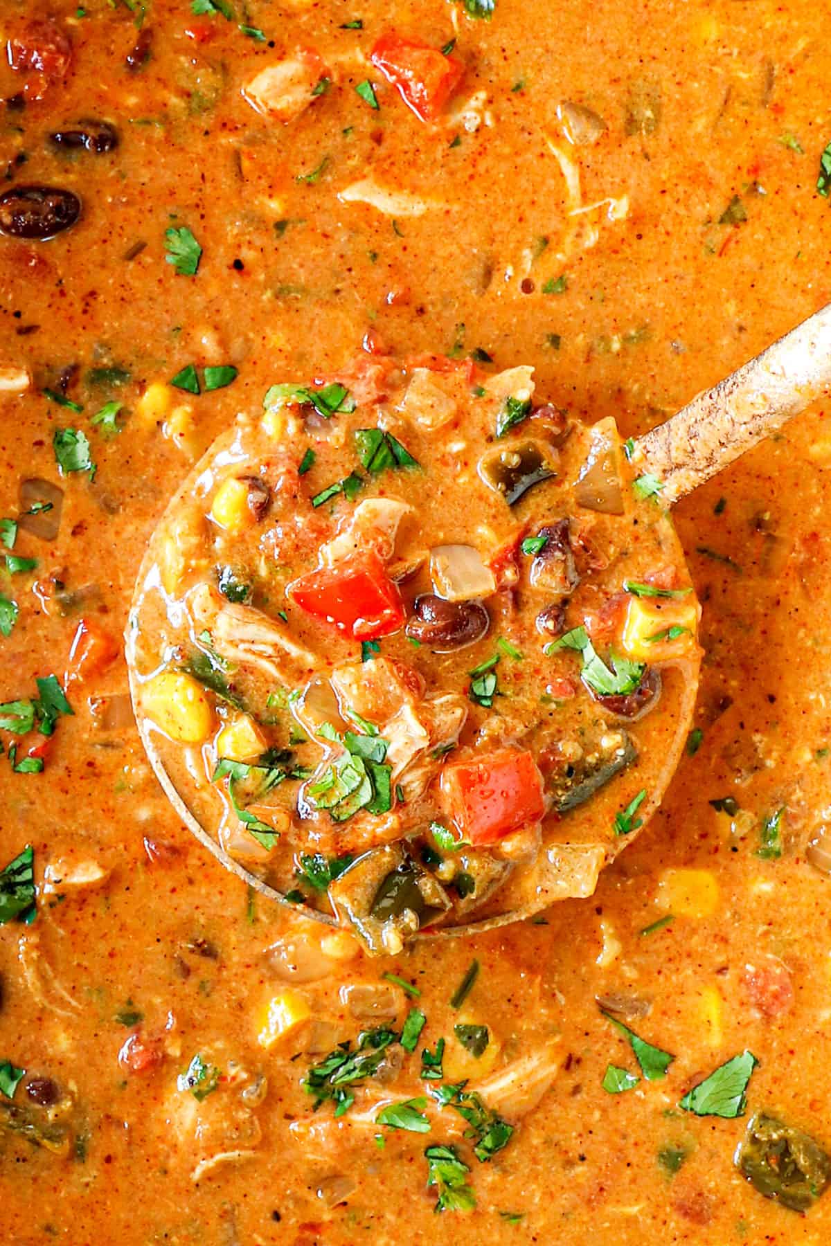 top view of creamy chicken tortilla soup recipe with a ladle of soup showing how thick and creamy it is