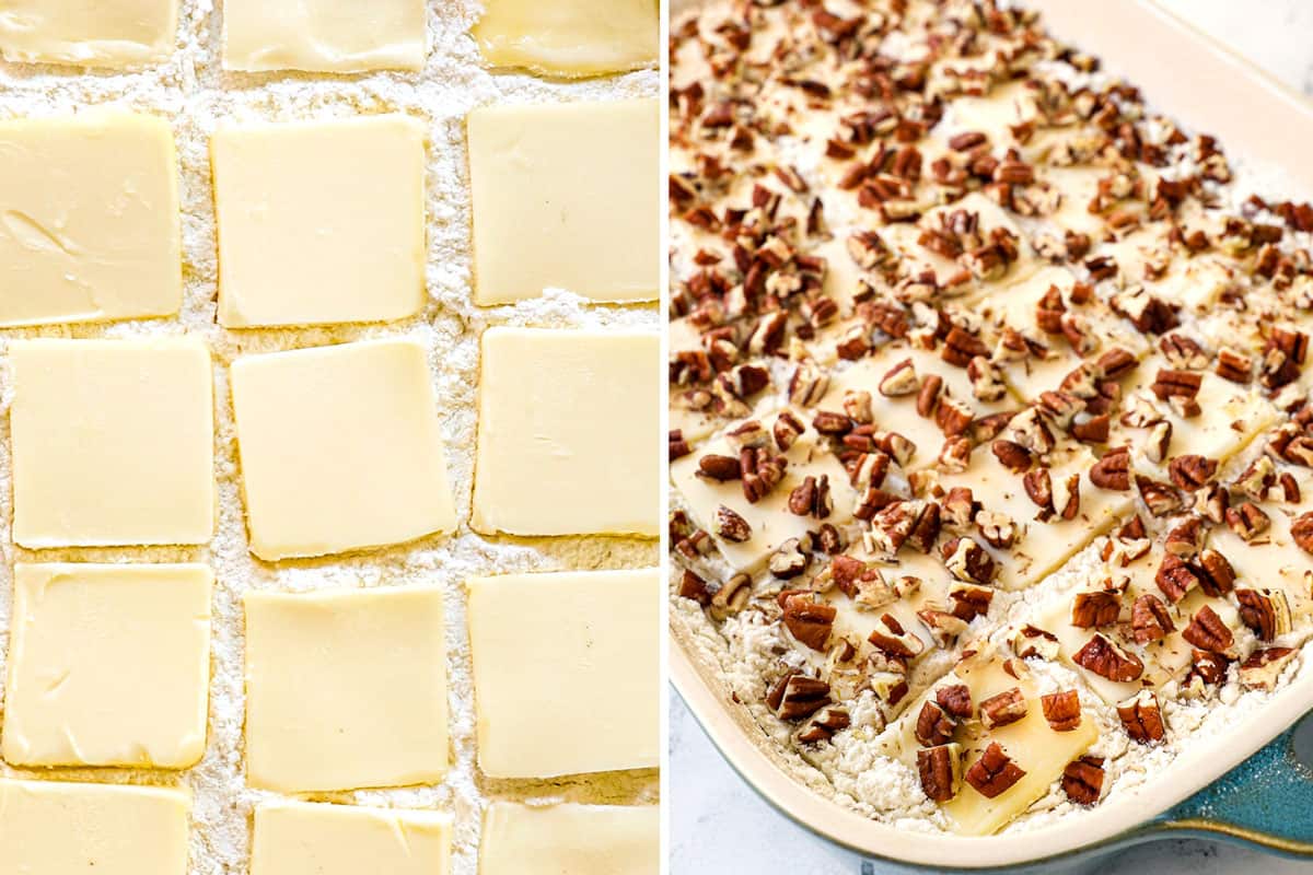 a collage showing how to make pumpkin dump cake by topping pie filling with cake mix, followed by pads of butter and pecans