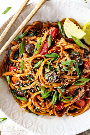 Udon Noodles with Gochujang Sauce and Stir Fried Veggies