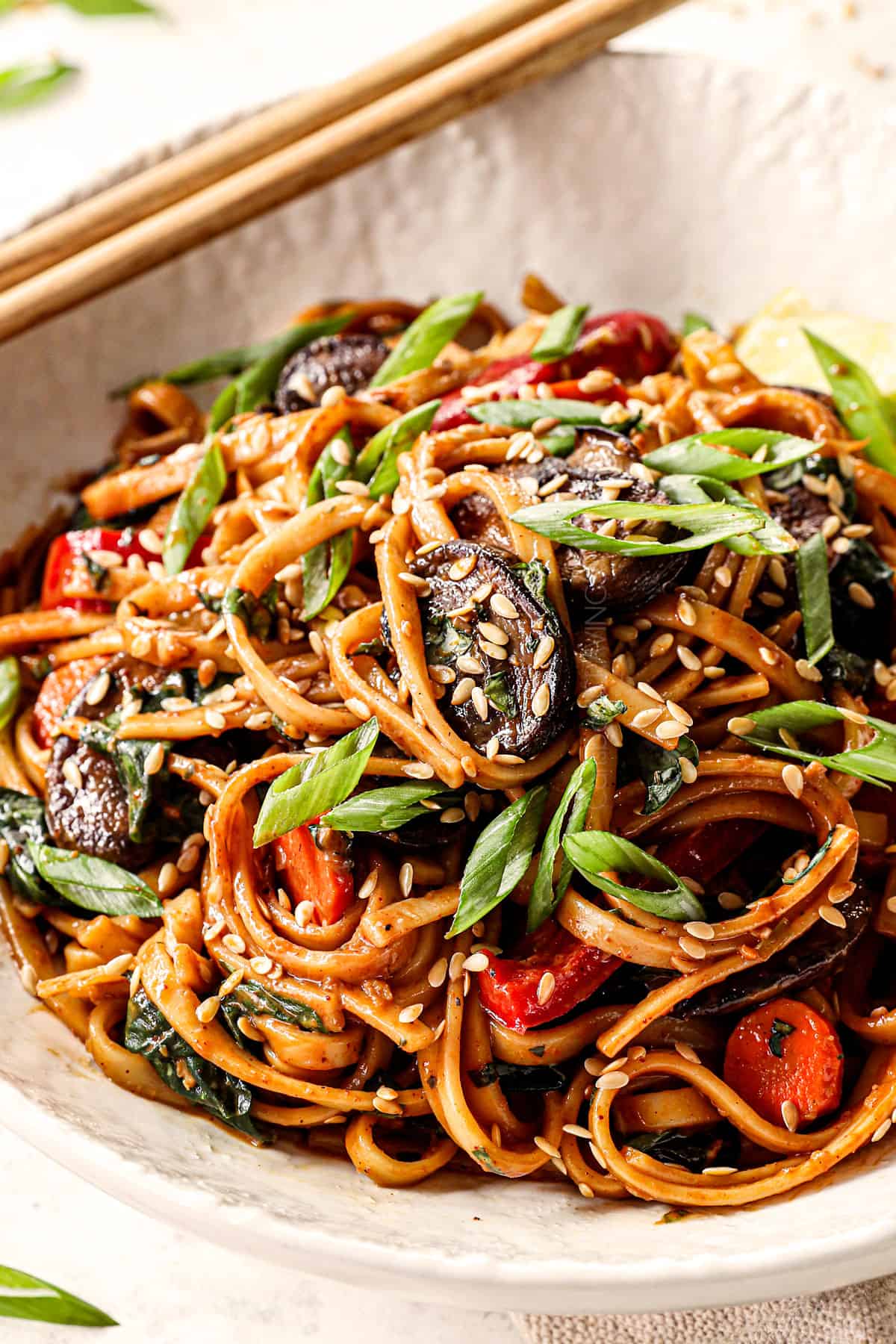 Udon Noodles with Gochujang Sauce and Stir Fried Veggies