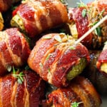 up close of Bacon Wrapped Brussels Sprouts showing how crispy they are