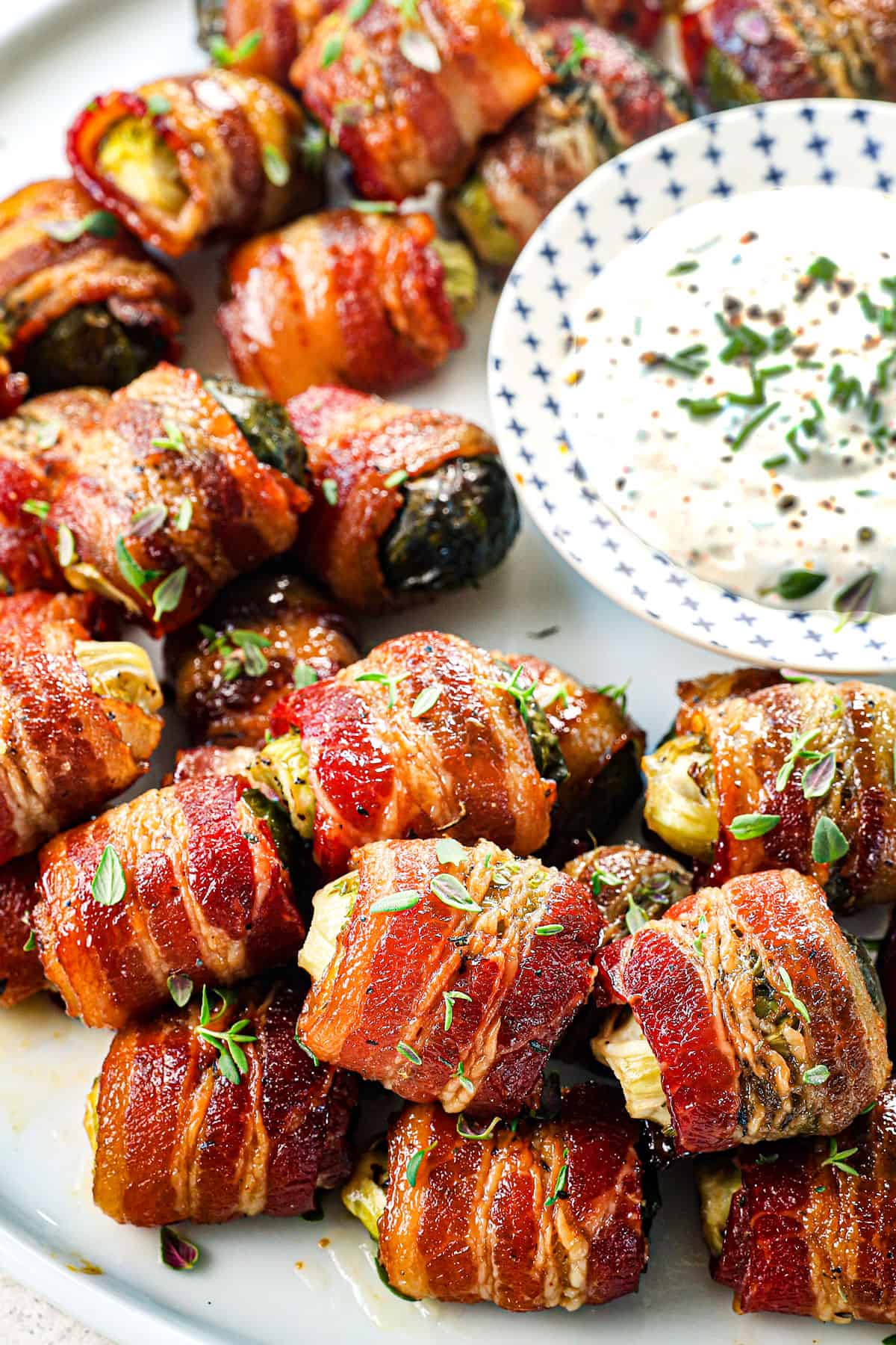 Bacon Wrapped Brussels Sprouts with crispy maple glazed bacon