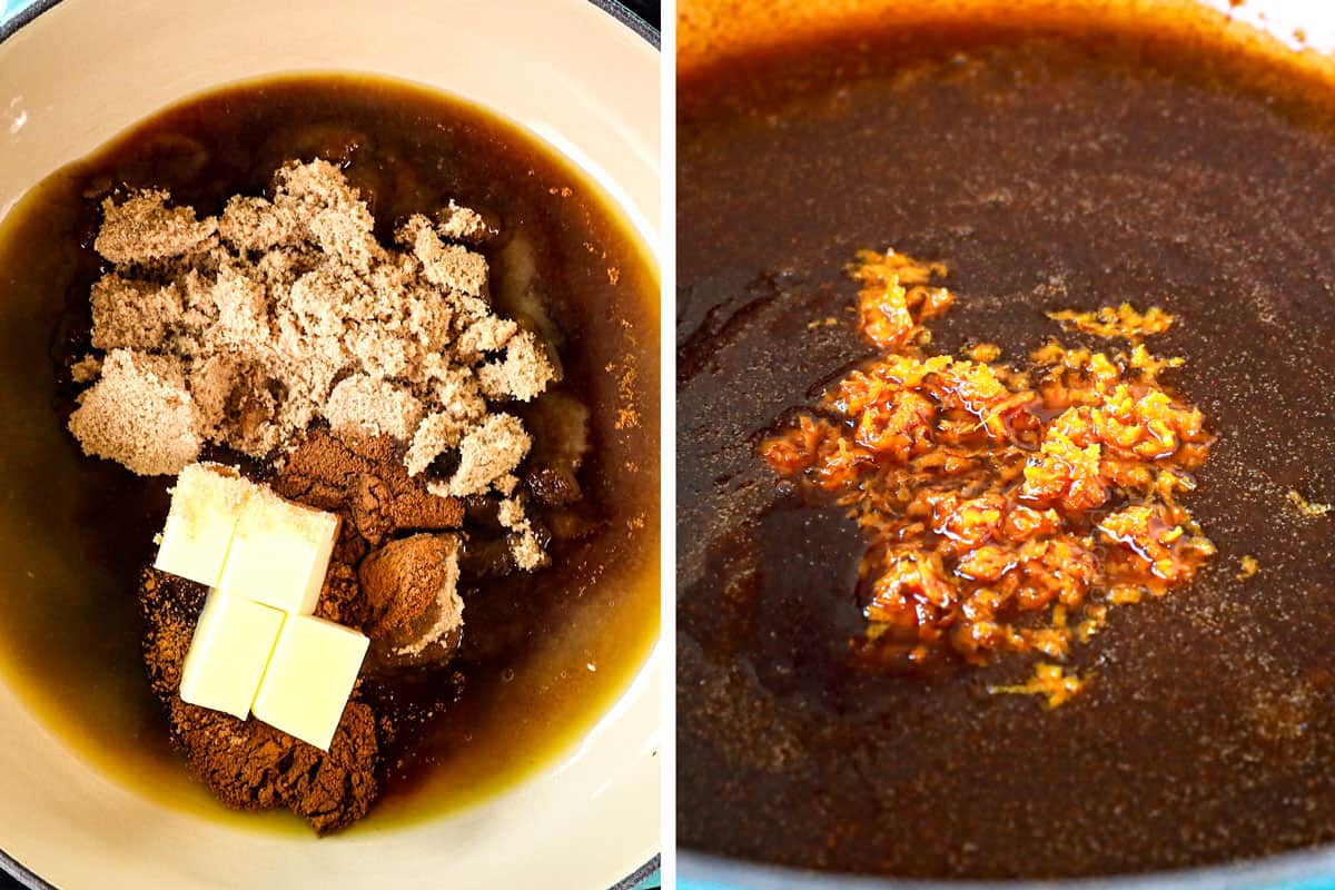 showing how to make candied yams (candied sweet potatoes) by adding butter, brown sugar and orange juice to a saucepan, simmering, then adding orange zest and vanilla