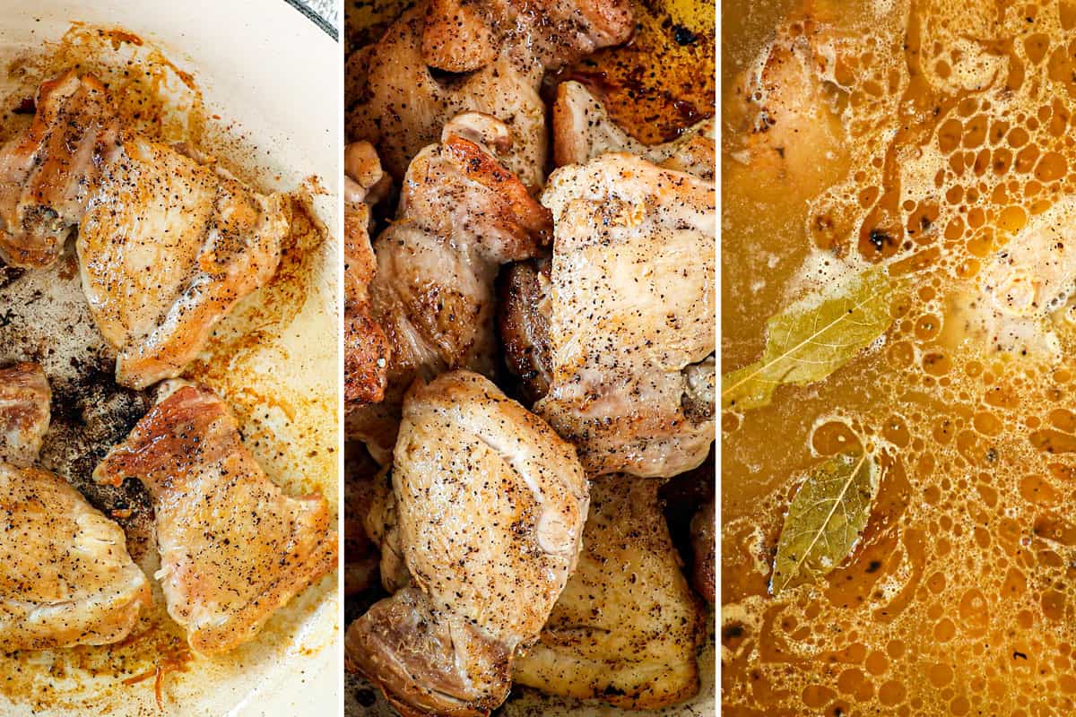 a collage showing how to make Chicken Mole Enchiladas by 1) searing chicken, 2) adding the chicken to a pot, 3) simmering with chicken broth until tender