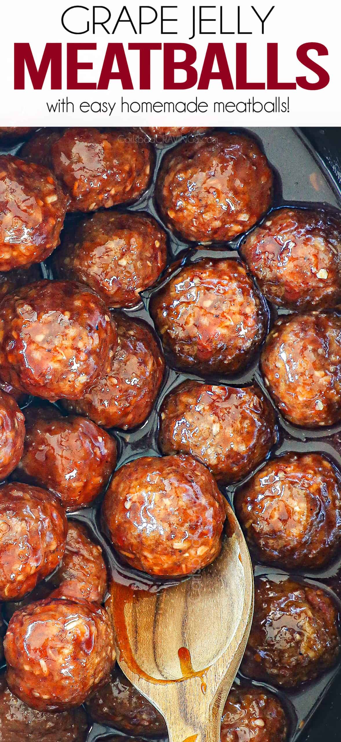 up close of grape jelly meatball recipe by lining meatballs with grape jelly in a crockpot to cook