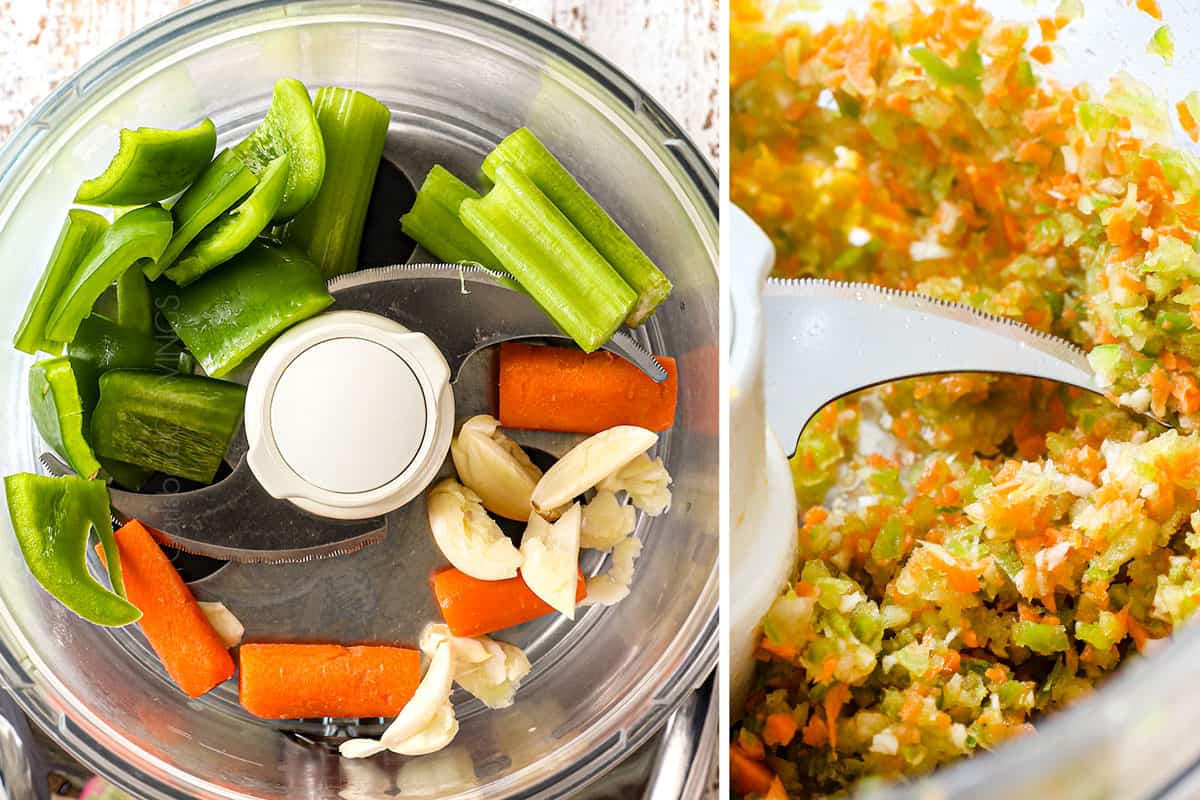 a collage showing how to make best meatloaf recipe by chopping carrots, celery, and garlic in a food processor