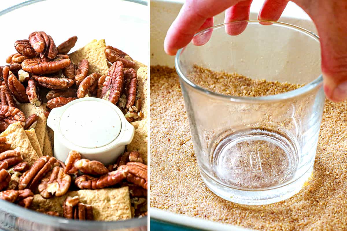 a collage showing how to make pumpkin delight by adding pecans and Graham crackers to a food processor with butter and sugar, processing, then pressing into a 9x13 pan