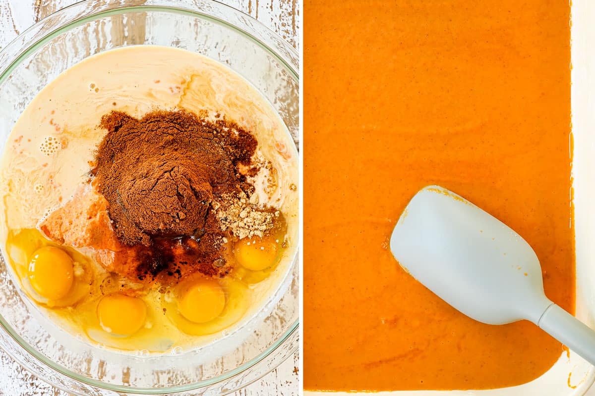 a collage showing how to make pumpkin dump cake recipe by adding pumpkin puree, eggs, evaporated milk, sugar and spices to a bowl, mixing, then pouring into a 9x13 baking dish