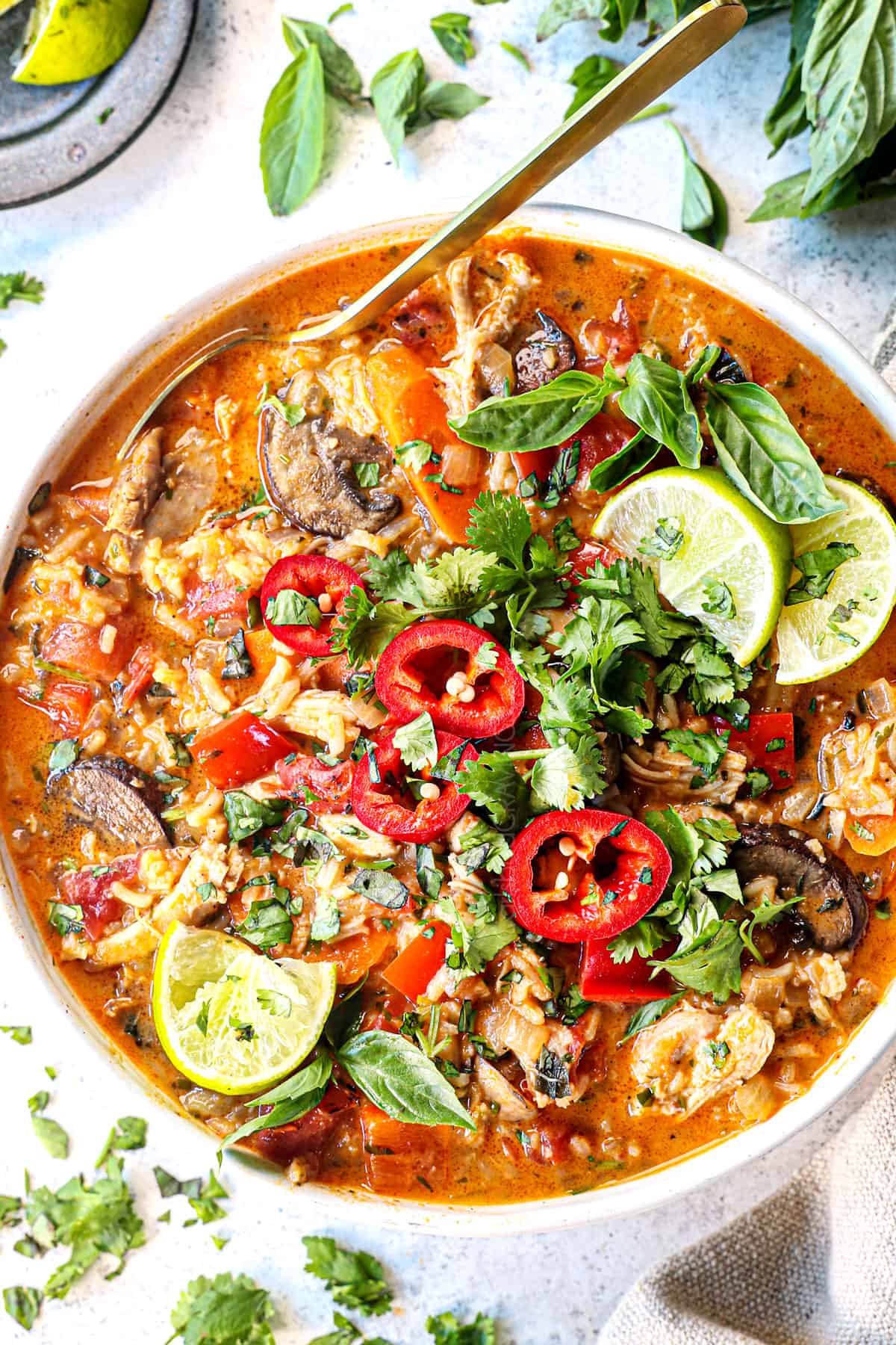 Top View Of Coconut Curry Soup With Chicken In A Bowl With Cilantro And 