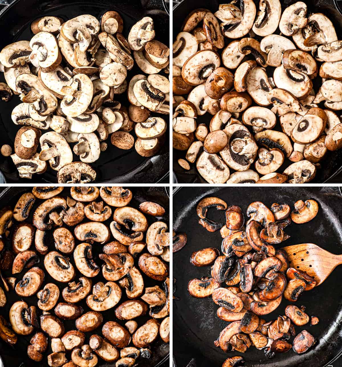 a collage showing how to make udon noodle recipe by caramelizing mushrooms in a cast iron skillet