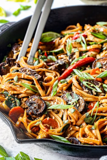 Udon Noodles with Gochujang Sauce and Stir Fried Veggies