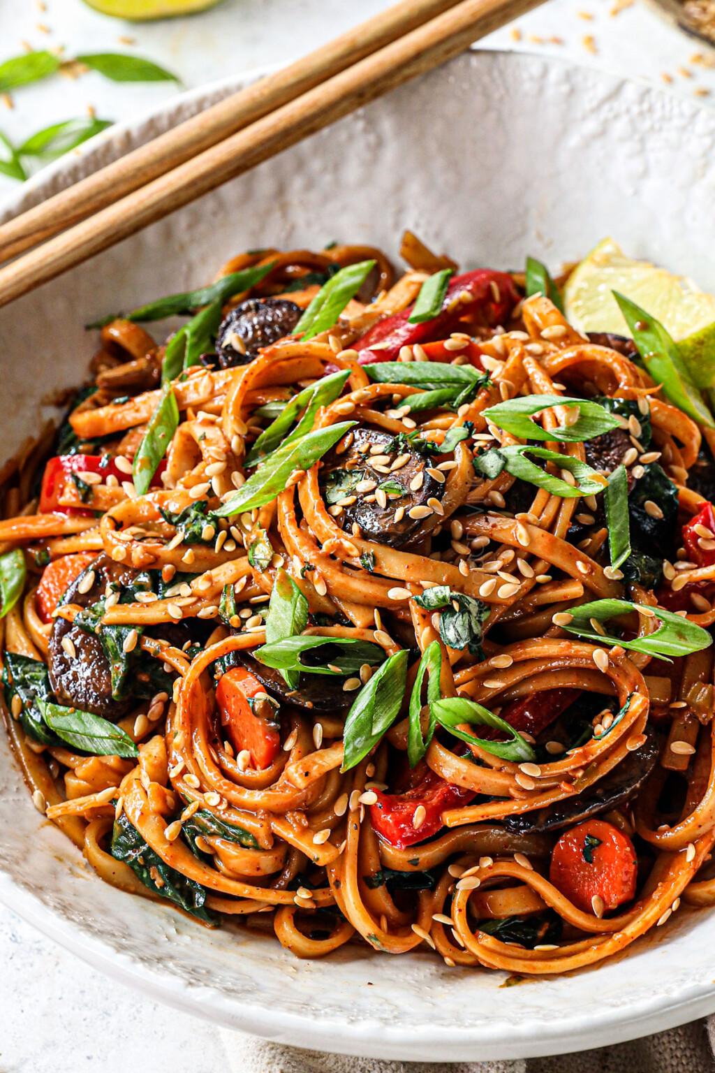 Udon Noodles with Gochujang Sauce and Stir Fried Veggies