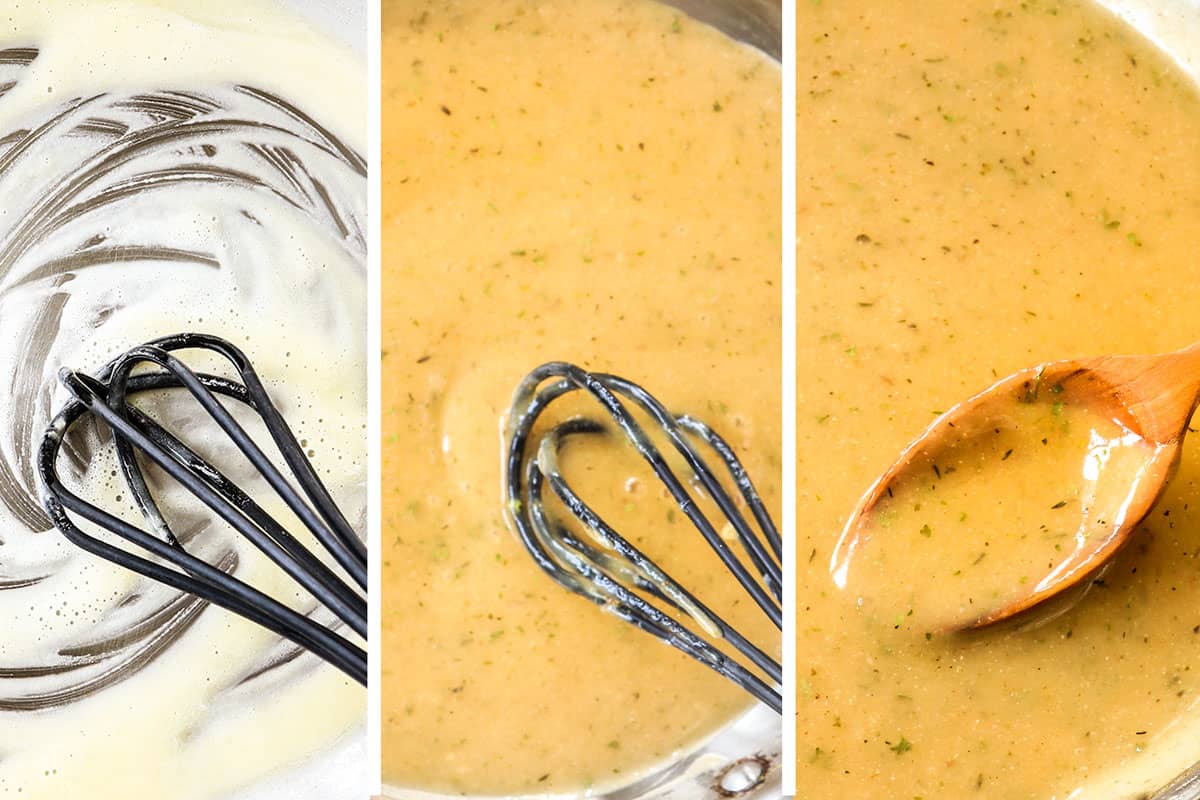 a collage showing how to make roast turkey breast gravy by making a roux, then whisking in the drippings and chicken broth, then simmering until thickened