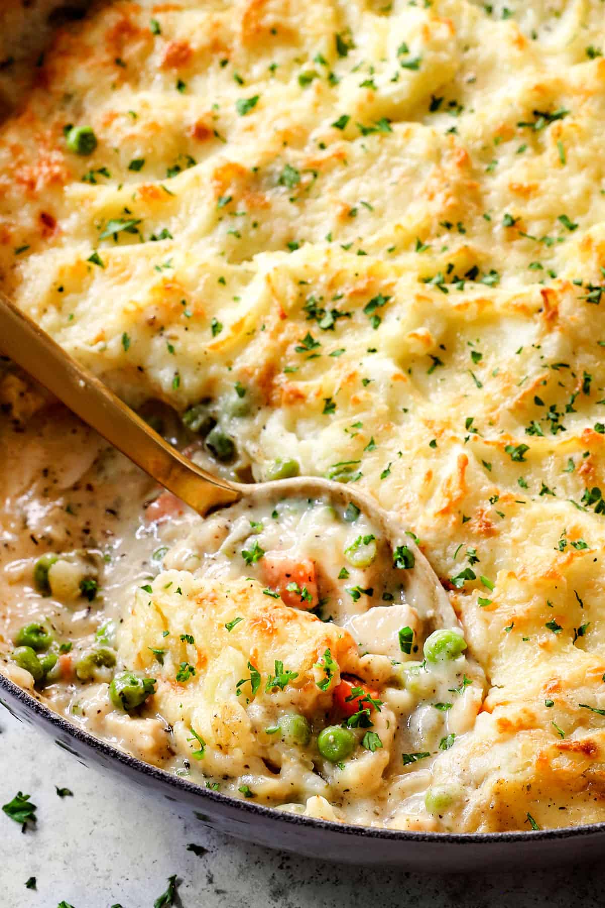 up close of turkey shepherd's pie showing the creamy filling