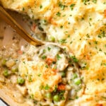up close of turkey shepherd's pie showing the creamy filling