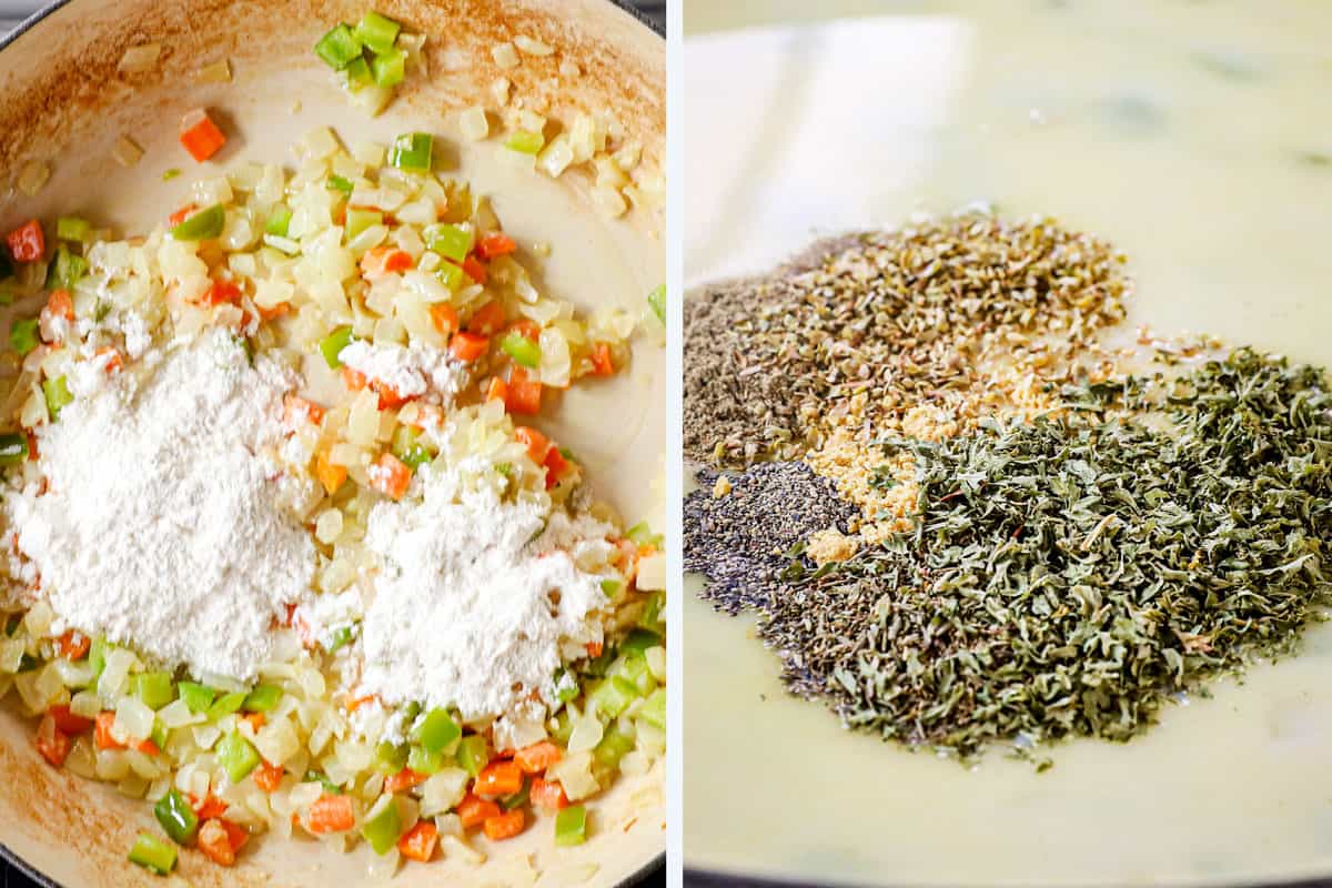 a collage showing how to make turkey shepherd's pie by adding flour, chicken broth, milk and seasonings 