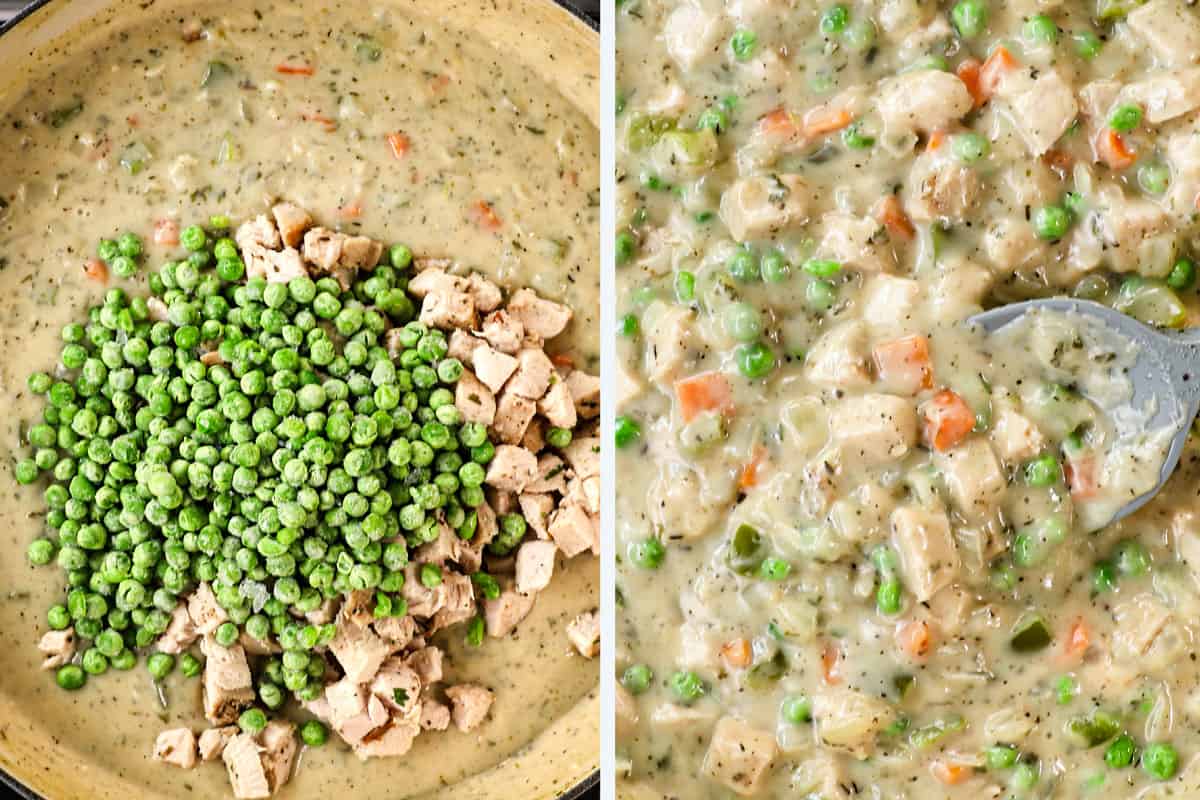 a collage showing how to make turkey shepherd's pie recipe by stirring in leftover turkey and frozen peas