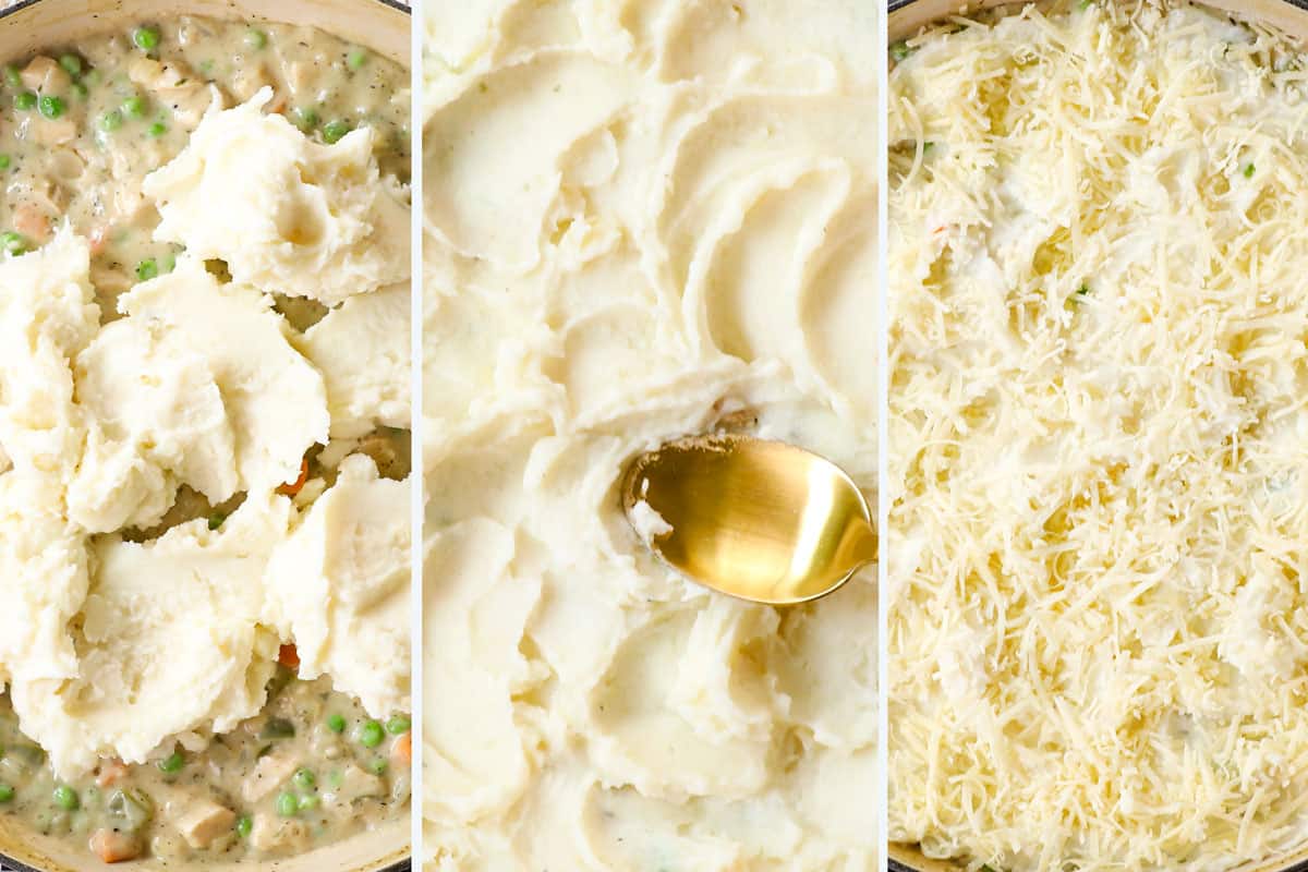 a collage showing how to make turkey shepherd's pie recipe by adding mashed potatoes, then topping with cheese