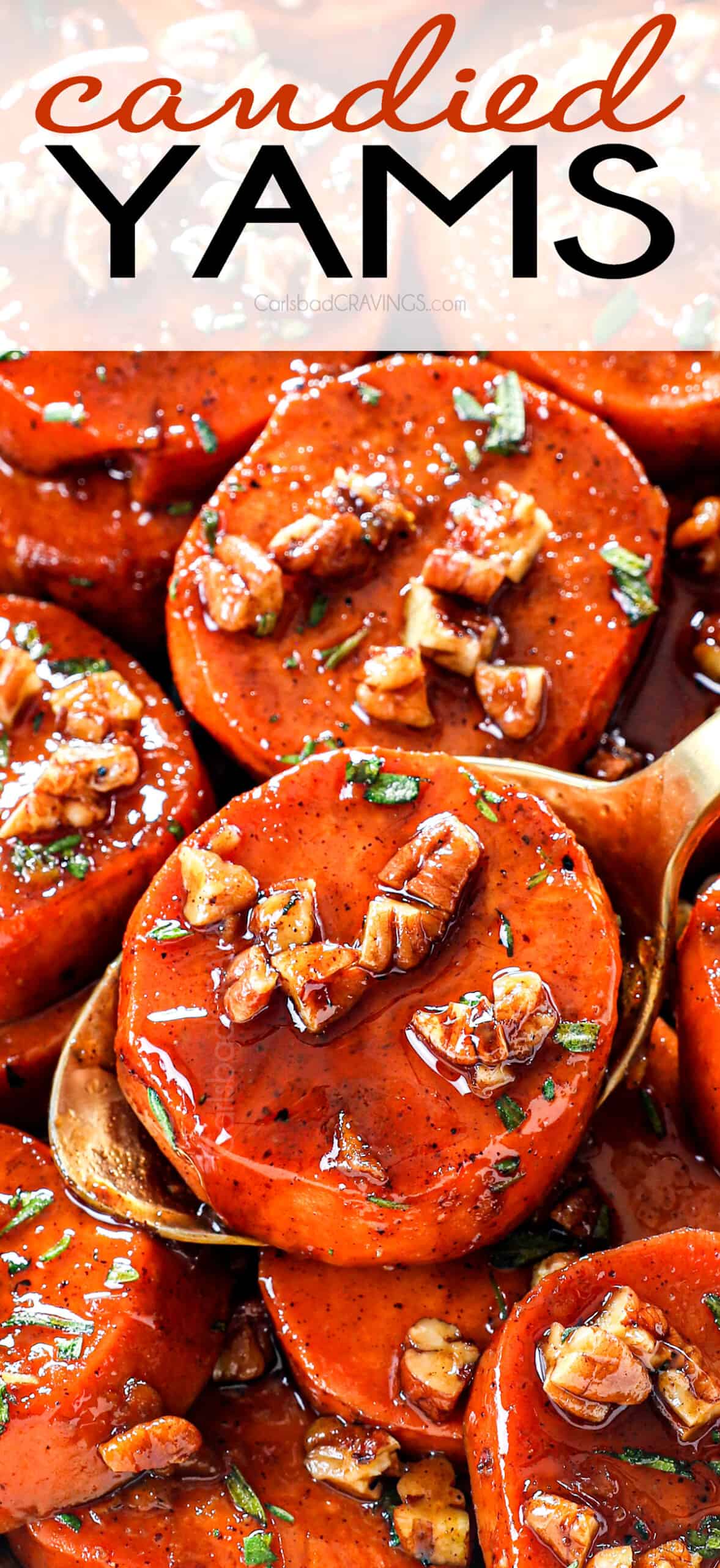 up close of serving candied yams (candied sweet potatoes) showing how tender and caramelize they are