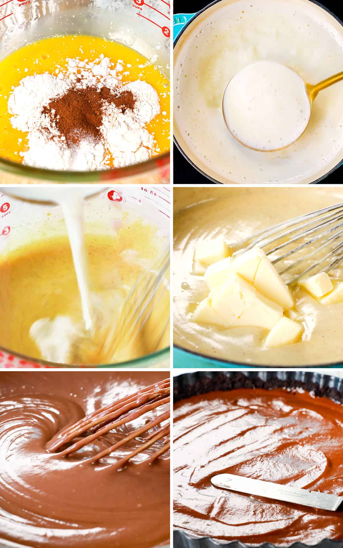 a collage showing how to make chocolate cream pie recipe by whisking egg yolks together with cornstarch, simmering half and half and sugar, tempering the eggs, melting butter in the custard, melting chocolate in the custard, adding the custard filling to the pie shell