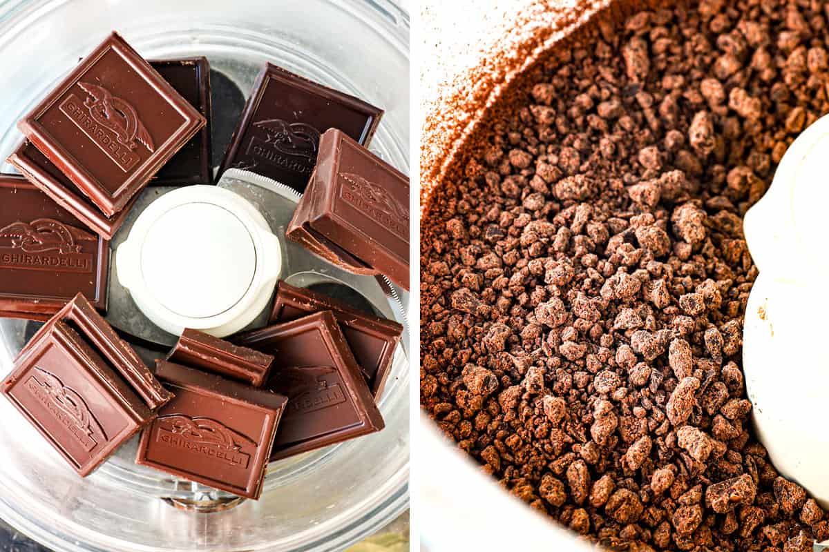 a collage showing how to make chocolate cream pie recipe by adding chocolate to a food processor and processing into small pieces