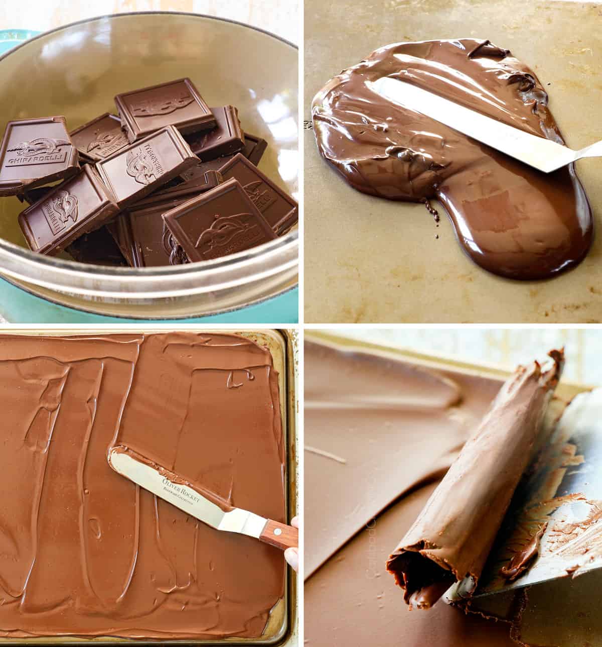 a collage showing how to make chocolate cream pie recipe by making chocolate shavings by melting the chocolate over a double broiler, spreading over the back of a baking sheet then scraping into curls