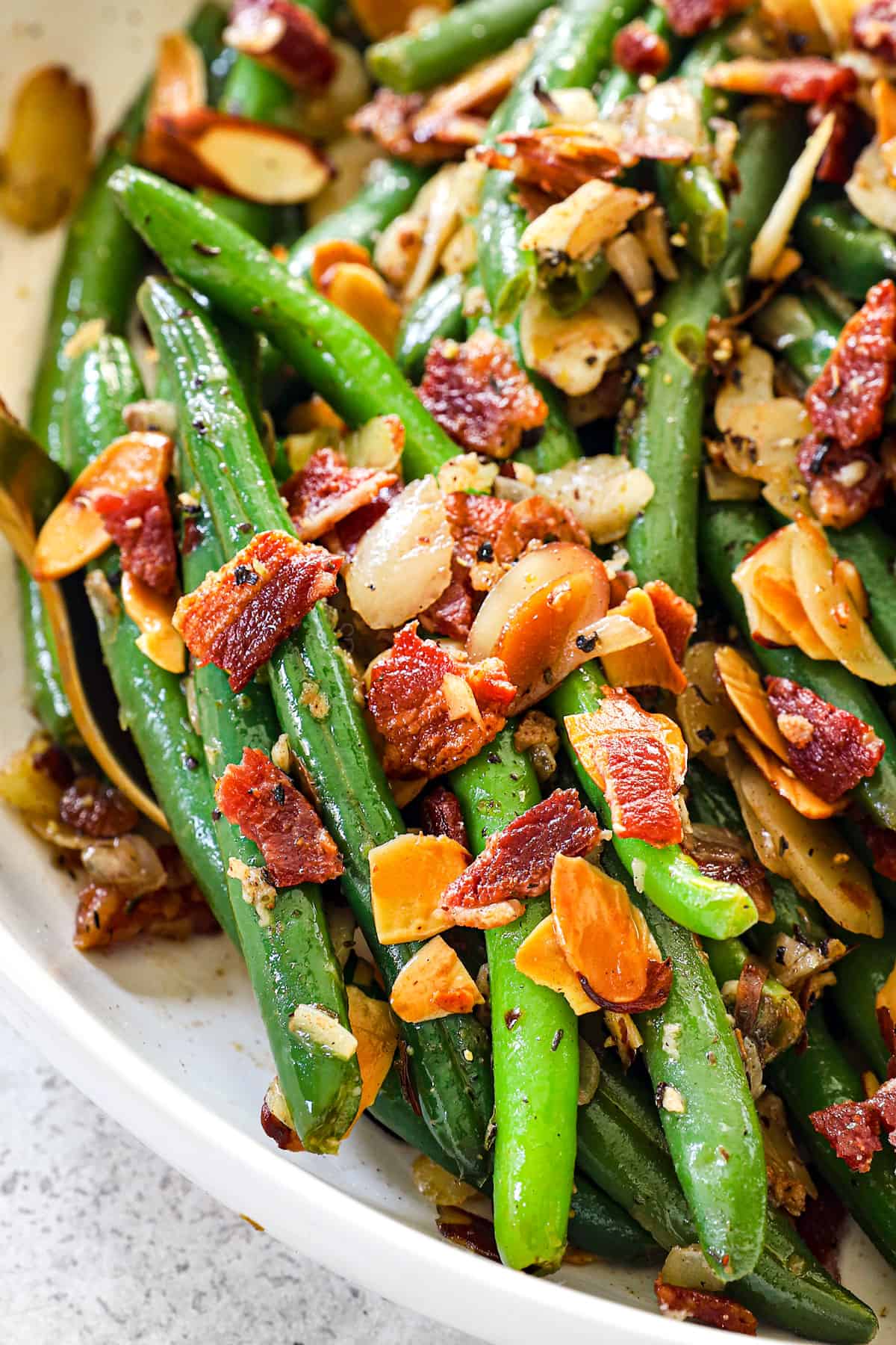 up close of easy green bean almondine recipe with garlic