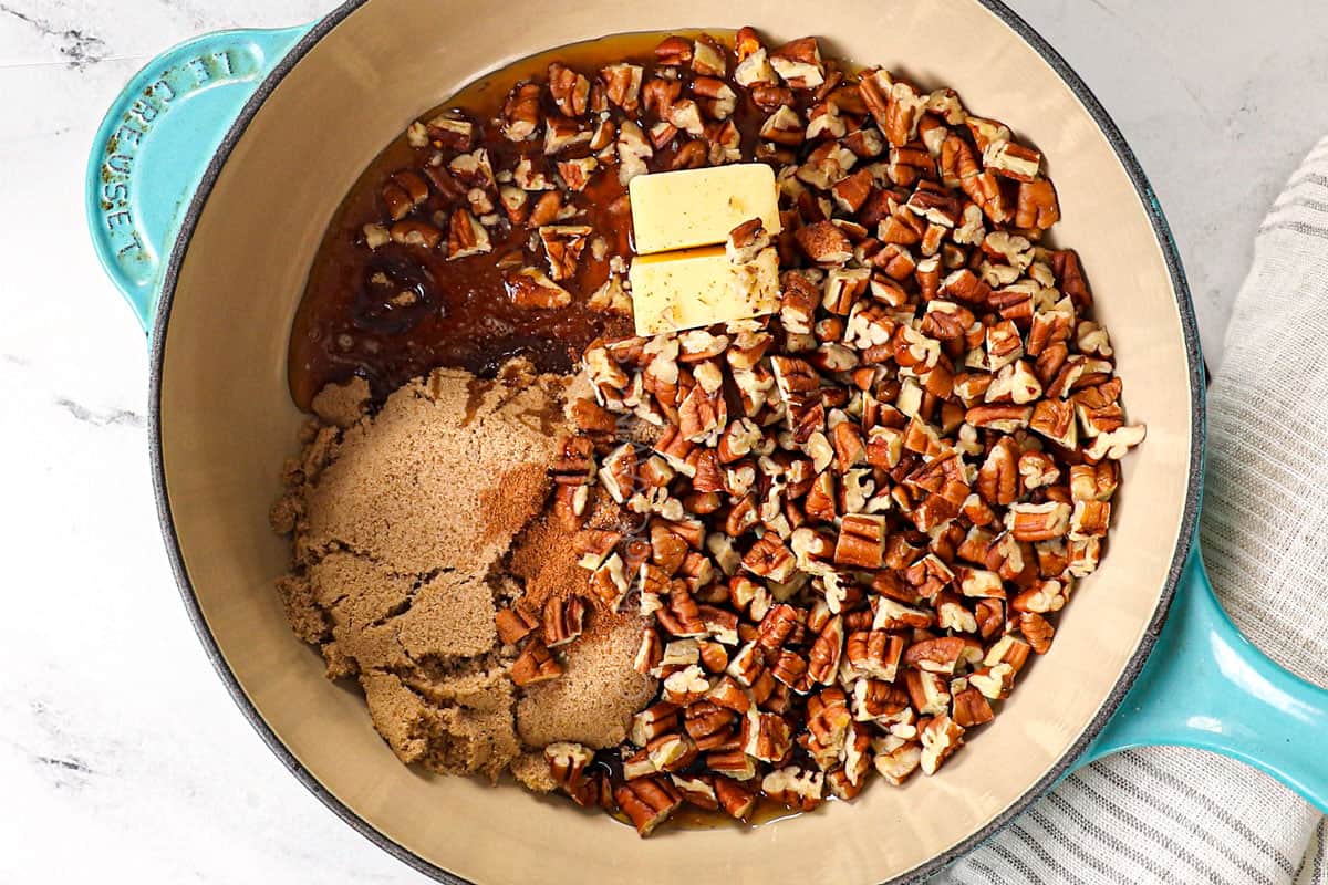 showing how to make pecan pie cookies by adding pecans, butter, brown sugar, granulated sugar and corn syrup to a saucepan