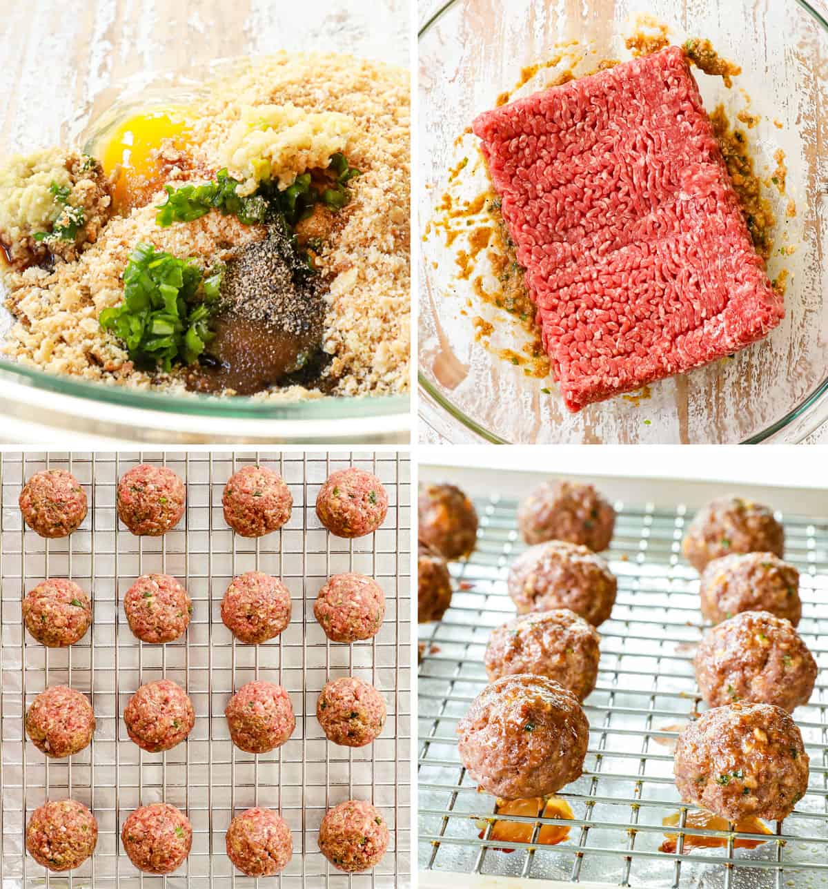 a collage showing how to make Asian meatballs by 1) whisking together eggs, breadcrumbs, ginger, garlic and green onions, 2) mixing in beef, 3) forming into meatballs, 4) baking the Asian meatball recipe