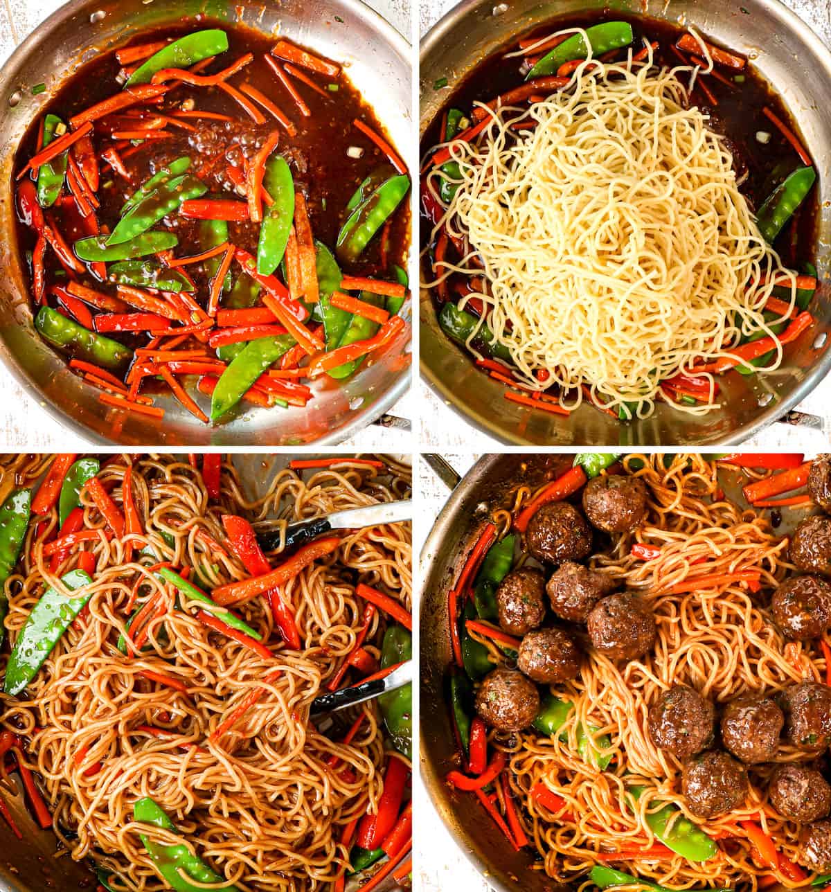 a collage showing how to make Asian meatballs by adding the sauce, followed by the noodles and then the meatballs