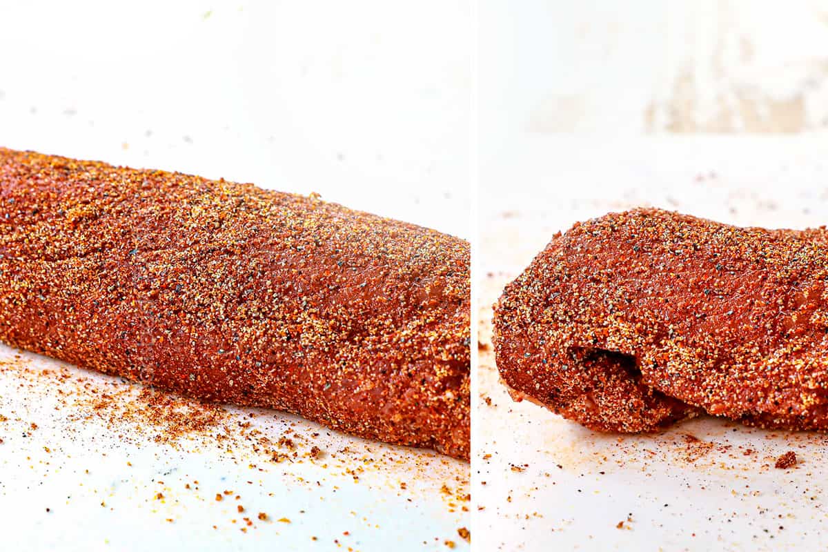 a collage showing how to make bacon wrapped pork tenderloin by rubbing the pork tenderloin with a spice rub